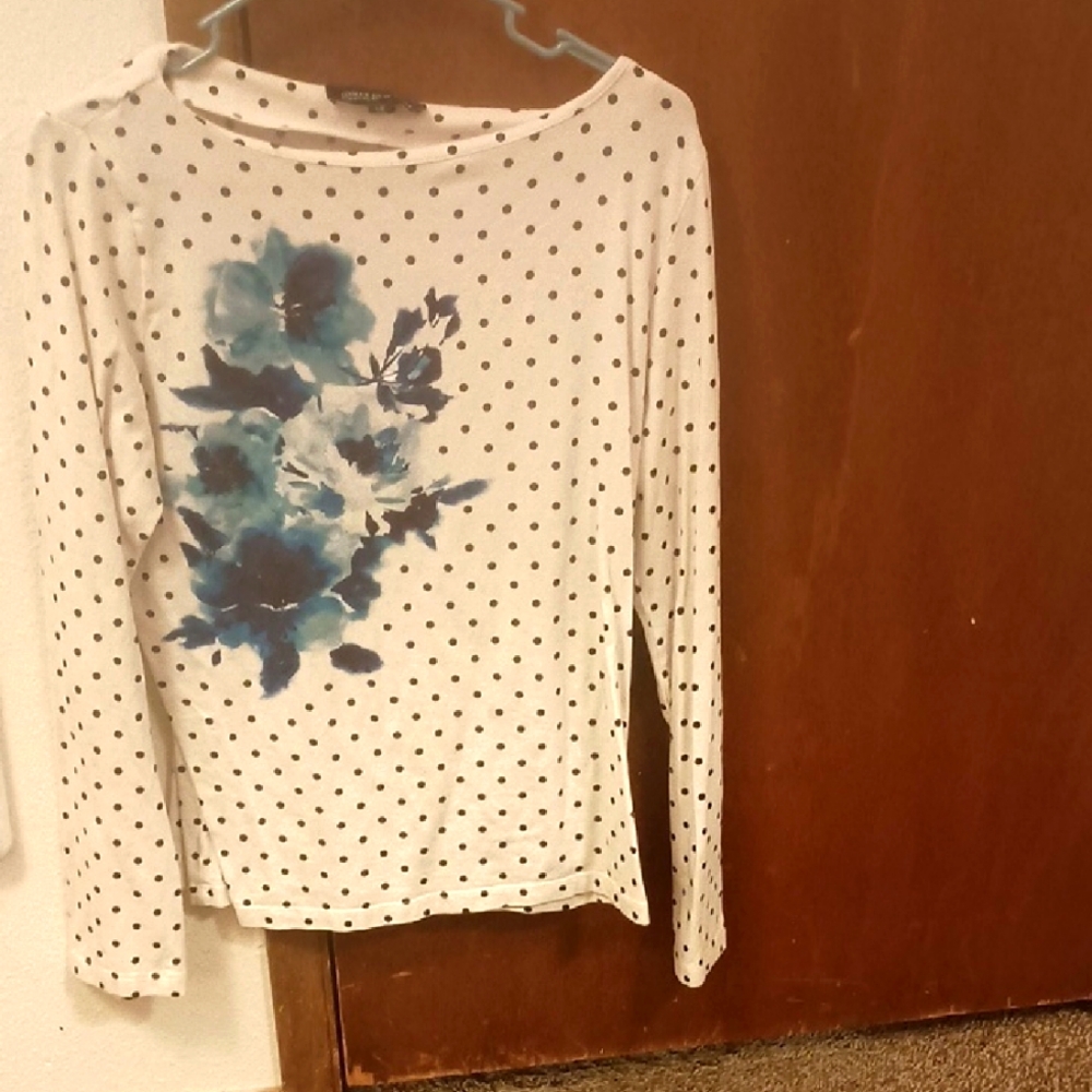 JONES New York Polka Dot Floral Top - Blue and Black and White